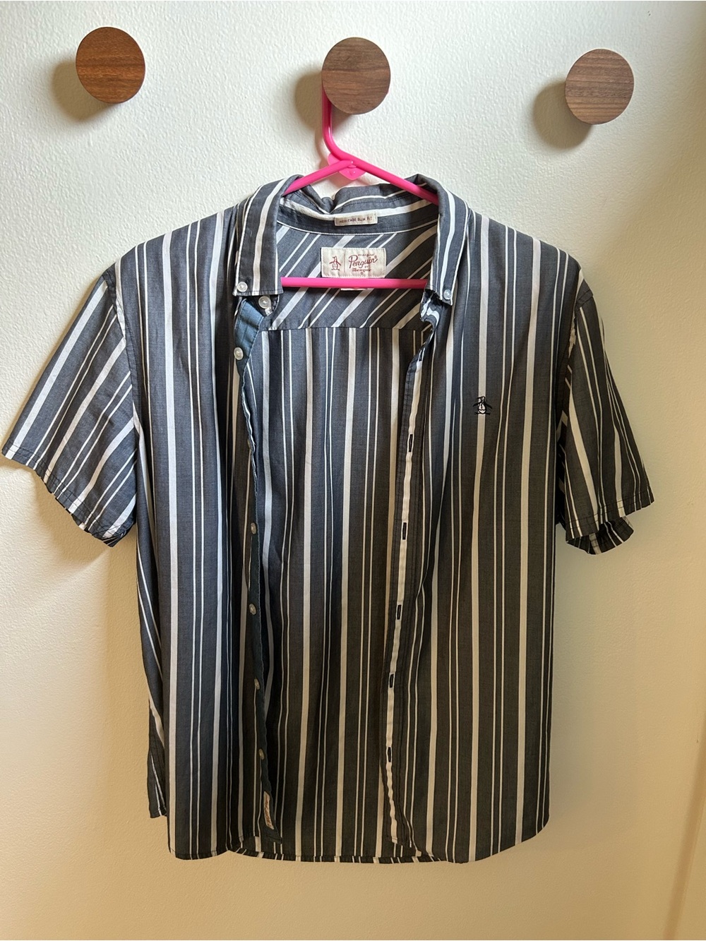 Original Penguin Men’s Black and White Vertical Stripe Button-Down Shirt